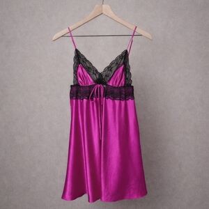 Victoria's Seceret Vintage Y2K Hot Pink Satin Black Lace Trim Slip Dress Large